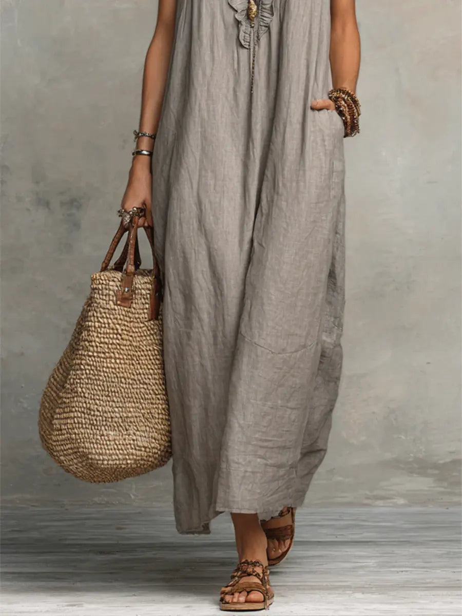 ラッフルVネックフラッター袖ポケットマキシドレス